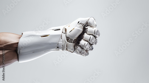 Metallic robotic fist in fist bump with human showcasing precision