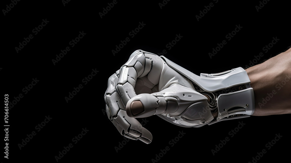 Sophisticated robotic fist in dynamic fist bump highlighting precision Sophisticated robotic fist in dynamic fist bump highlighting precision