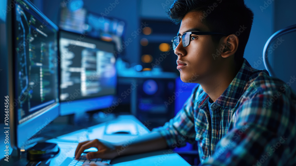 Focused male programmer working in a dark office environment, typing intently on a keyboard while multiple monitors display lines of code