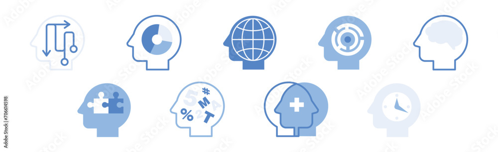 Blue Head with Brain as Icon of Imagination and Mind Power Vector Set Blue Head with Brain as Icon of Imagination and Mind Power Vector Set