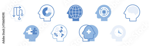 Blue Head with Brain as Icon of Imagination and Mind Power Vector Set