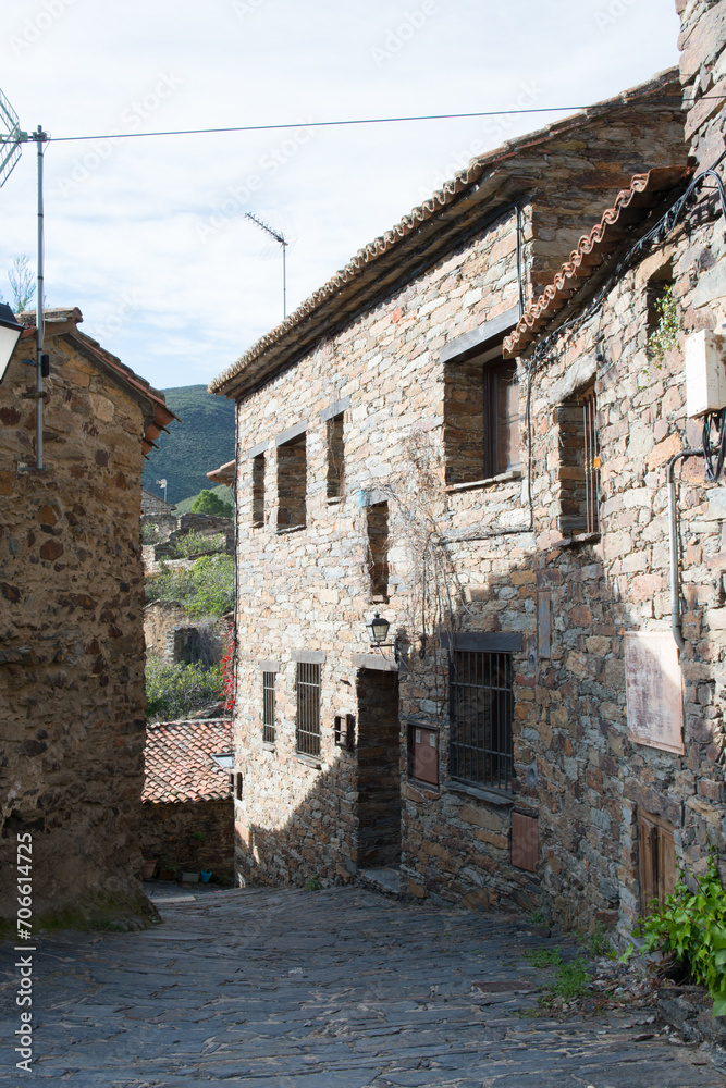 Beautiful village, houses with stone walls in Patones de Arriba, Madrid