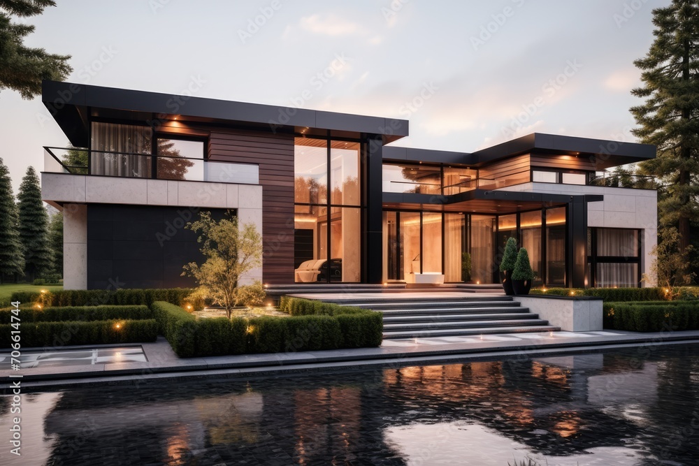 Fototapeta premium Stunning Modern House With Pool in Front