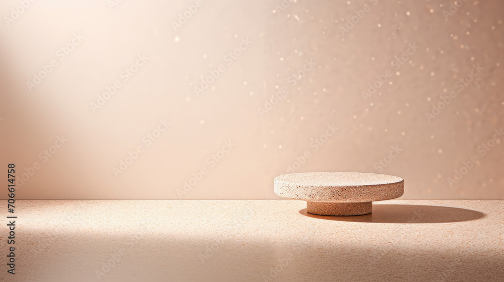 Warm-lit terrazzo platform ideal for handcrafted decor presentation Warm-lit terrazzo platform ideal for handcrafted decor presentation
