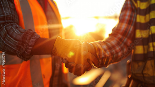 Two construction workers in safety gear engaging in a firm handshake