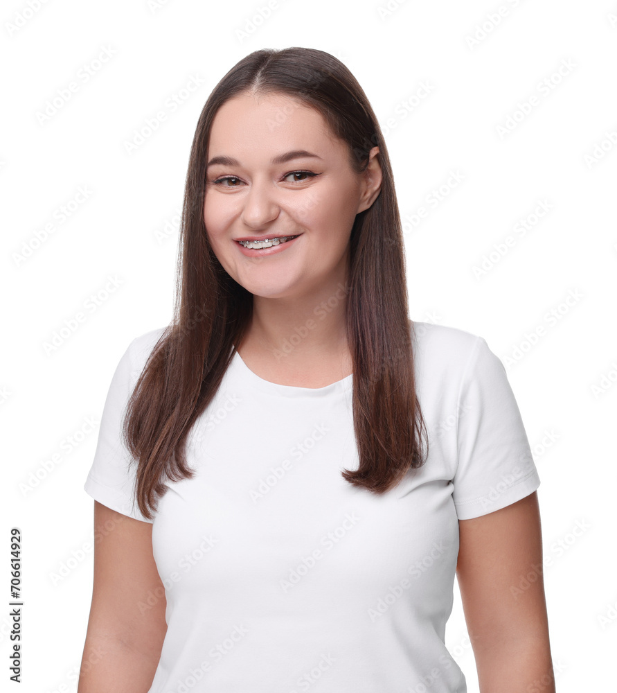 Smiling woman with dental braces on white background Smiling woman with dental braces on white background