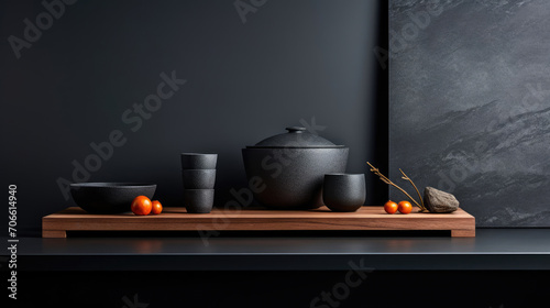 Elegant black granite platform for kitchenware showcasing