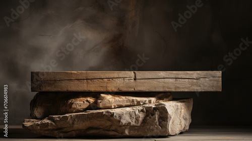 Earthy stone podium subtly lit for showcasing natural products