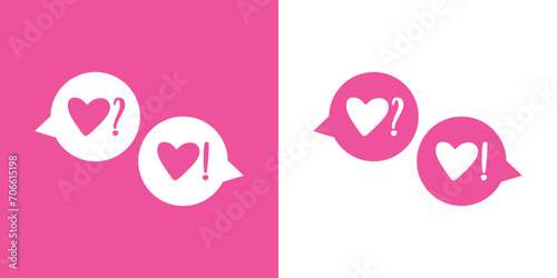 Logo de propuesta de matrimonio. Silueta de 2 corazones en burbuja de habla con símbolo interrogación y símbolo aviso