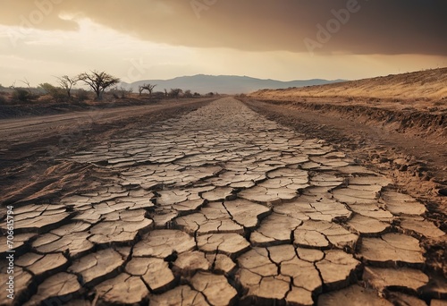 Dead trees on dry cracked earth metaphor Drought, Water crisis and World Climate change.