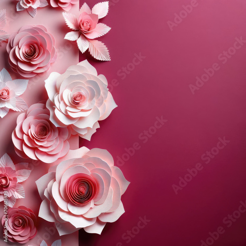 Pink background for Valentine's Day decorated with paper flowers.