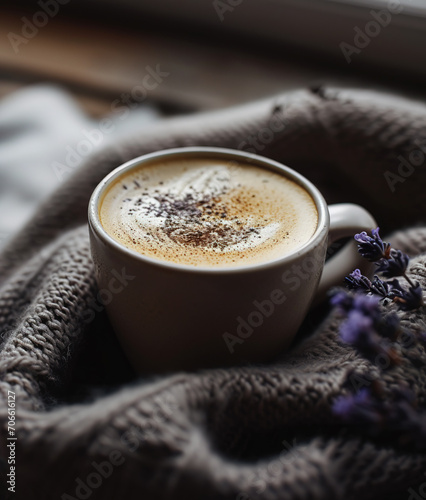 Cup of lavender latte, dark tones