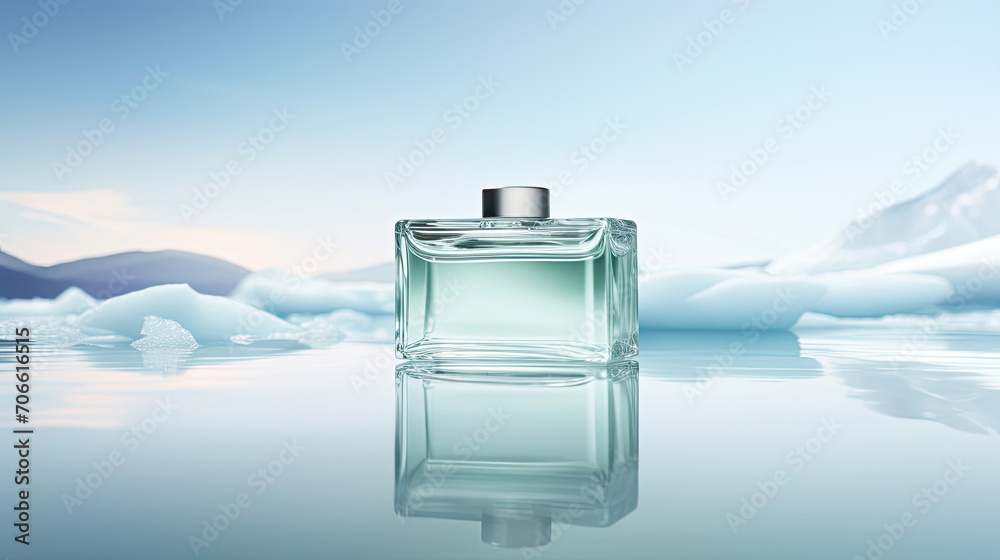 Transparent iceberg with soft lighting ideal for calm wellness product showcase