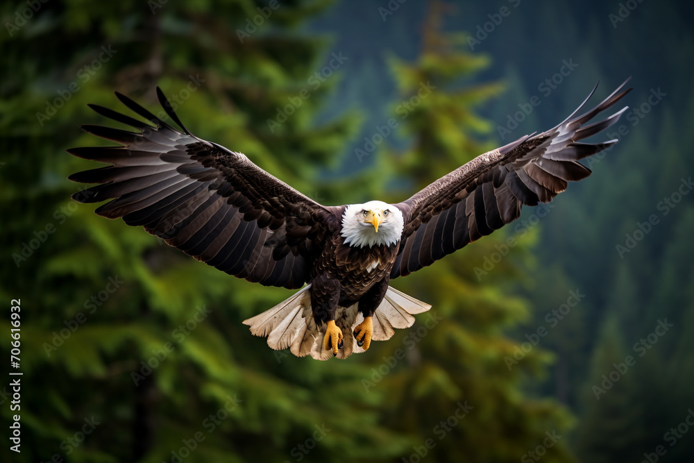 Fototapeta premium Bald eagle, Haliaeetus leucocephalus, in flight with nature background