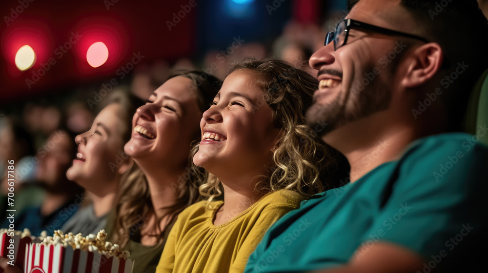 Family is smiling and watching a movie in a cinema, with a child and everyone looking happy and engaged with the screen.
