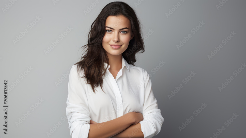 Studio portrait of a woman with dark hair wearing a white blouse, her arms crossed, looking directly at the camera with a slight smile and a confident, approachable expression. Studio portrait of a woman with dark hair wearing a white blouse, her arms crossed, looking directly at the camera with a slight smile and a confident, approachable expression.