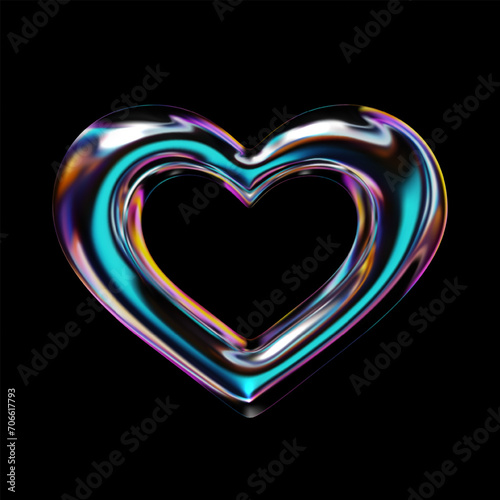 Glossy holographic 3D heart shape. Isolated vector element for retro futuristic cyber design in Y2K style. Metallic heart form with rainbow gradients and reflections