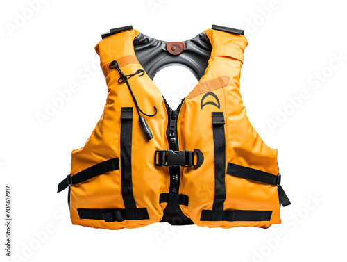 a yellow life jacket with a black strap