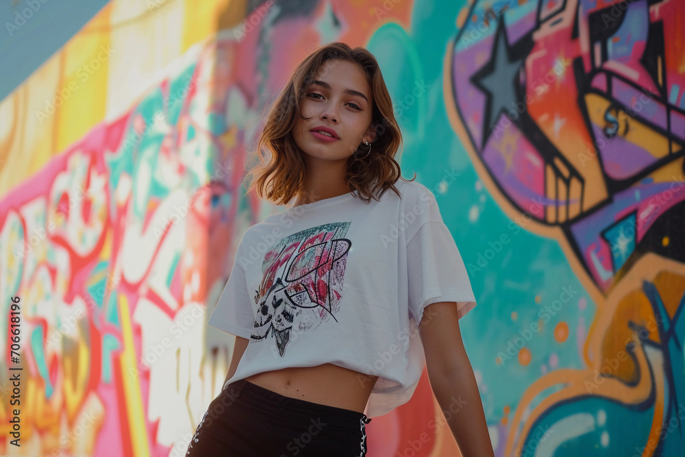 young woman, oversized white graphic tee, high-waisted black shorts, vibrant city mural backdrop