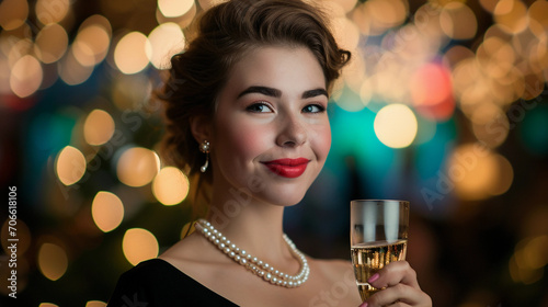 young woman in a classic black cocktail dress, pearl necklace, holding a champagne flute