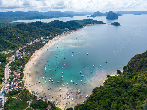 Philippines Aerial View. El Nido Town and Beach. Palawan Tropical Landscape. El Nido, Palawan, Philippines. Southeast Asia.