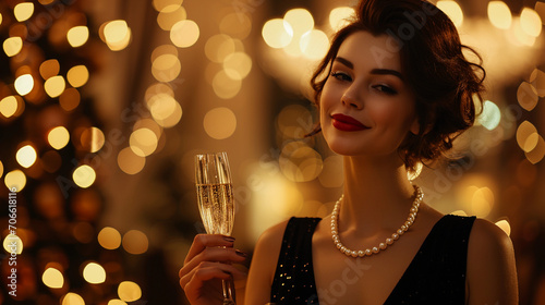 young woman in a classic black cocktail dress, pearl necklace, holding a champagne flute