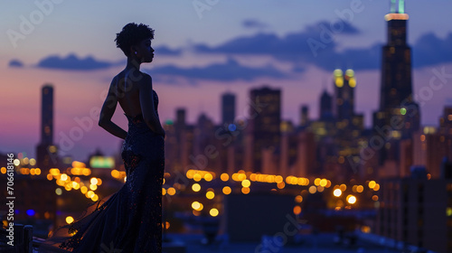 Fotografia Statuesque figure in a high-fashion tuxedo gown, commanding presence, rooftop se