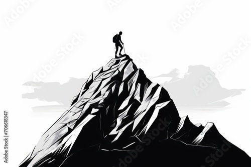illustration of a silhouette of a mountain climber on a top of a mountain 