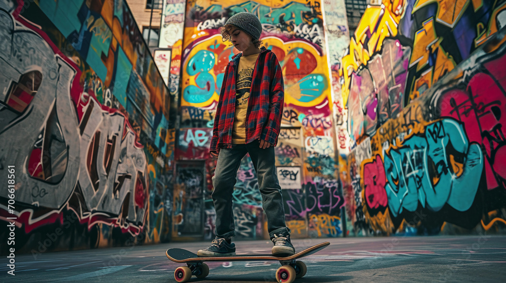 Obraz premium Youthful portrait of a teenager with skateboard, casual streetwear, colorful graffiti background