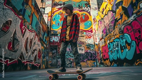Youthful portrait of a teenager with skateboard, casual streetwear, colorful graffiti background