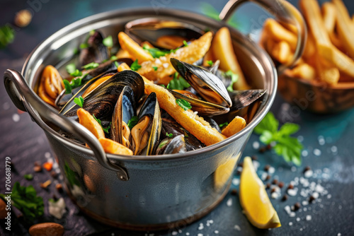 A pot of moules frites, a classic Belgian dish pairing succulent mussels with crispy fries photo