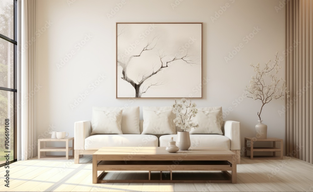 Fototapeta premium Modern Living Room With White Couch and Coffee Table
