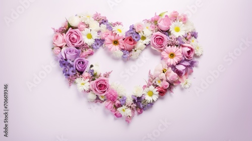 dreamy image heart of a romantic flower flat lay frame featuring roses, daisies, and lupines