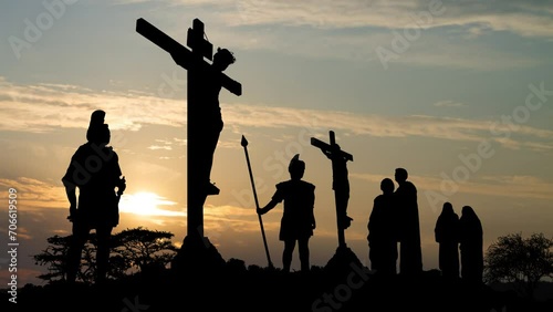 Bible Scene of Jesus Christ Crucifixion on Mount Calvary, Time Lapse at Sunrise with Colorful Clouds, Religion and Christianity Concept photo