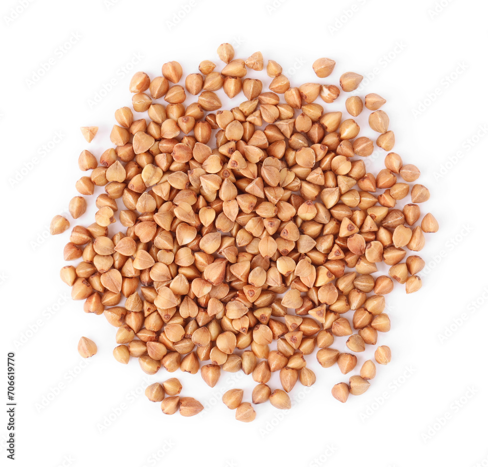 Many dry buckwheat grains isolated on white, top view Many dry buckwheat grains isolated on white, top view