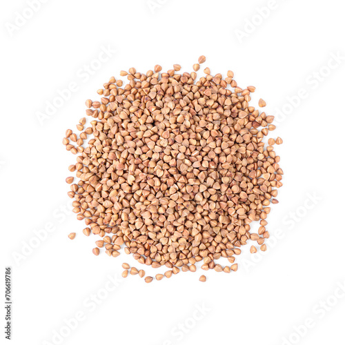 Many dry buckwheat grains isolated on white, top view