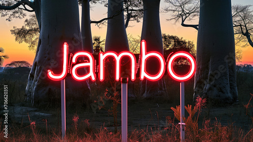Jambo, hello in Swahili, written in a neon sign photo