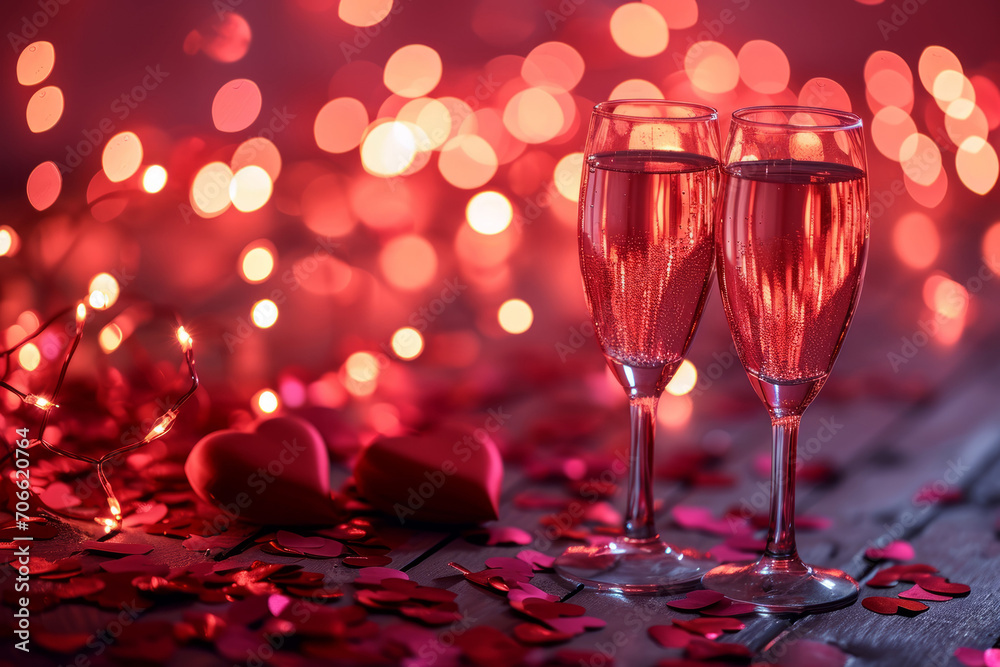 Charming Valentine's Day background featuring a soft pink and red color scheme with heart-shaped confetti, twinkling fairy lights, and a pair of elegant champagne glasses Charming Valentine's Day background featuring a soft pink and red color scheme with heart-shaped confetti, twinkling fairy lights, and a pair of elegant champagne glasses