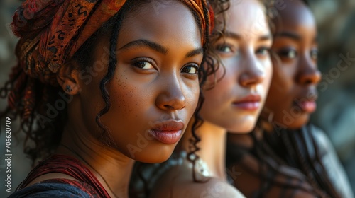 Group of beautiful different ethnicity women. Multi ethnic beauty and friendship. Portrait of diverse group of natural beautiful women