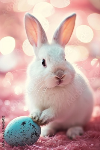 Easter bunny looking at camera and holding blue easter egg on pink bokeh background © Mariia