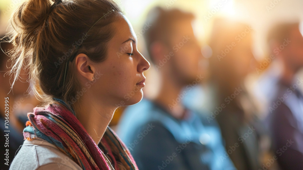Attendees of a church conference engaging in a guided meditation session, Church Conference, blurred background, with copy space Attendees of a church conference engaging in a guided meditation session, Church Conference, blurred background, with copy space