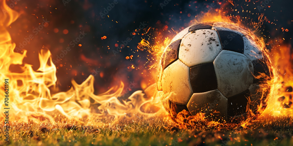 Fototapeta premium Soccer ball with fire in the background. Generative AI.