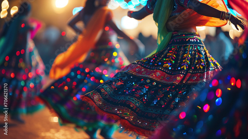 Vibrant dancers performing a Garba during Navratri festival, Navratri, blurred background, with copy space