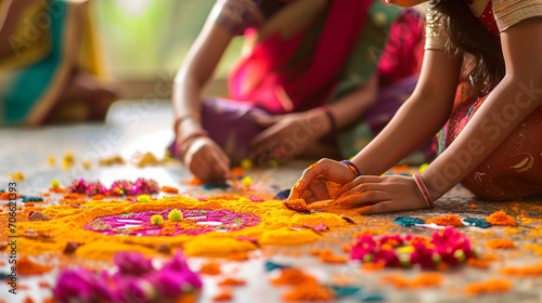 A family decorating their home with colorful rangoli for Gudi Padwa, Gudi padwa, blurred background, with copy space
