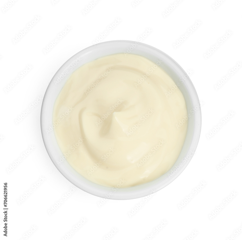 Fresh mayonnaise sauce in bowl isolated on white, top view Fresh mayonnaise sauce in bowl isolated on white, top view