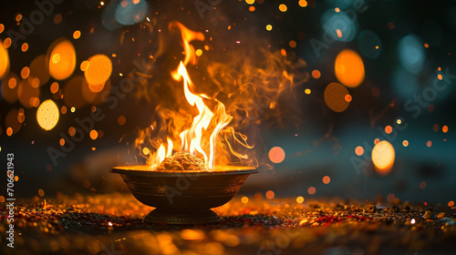 The lighting of earthen lamps around a Holika fire, Holika Dahan, blurred background, with copy space