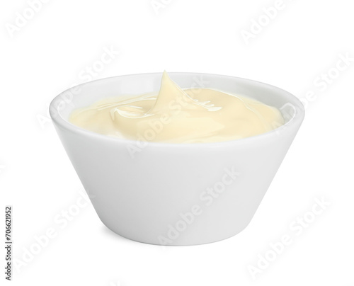 Fresh mayonnaise sauce in bowl isolated on white