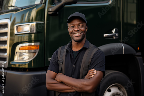 Happy Professional Black African American Man Male Standing at Truck Transportation Van Workers Trucker Delivery Diversity Multicultural Work generative ai