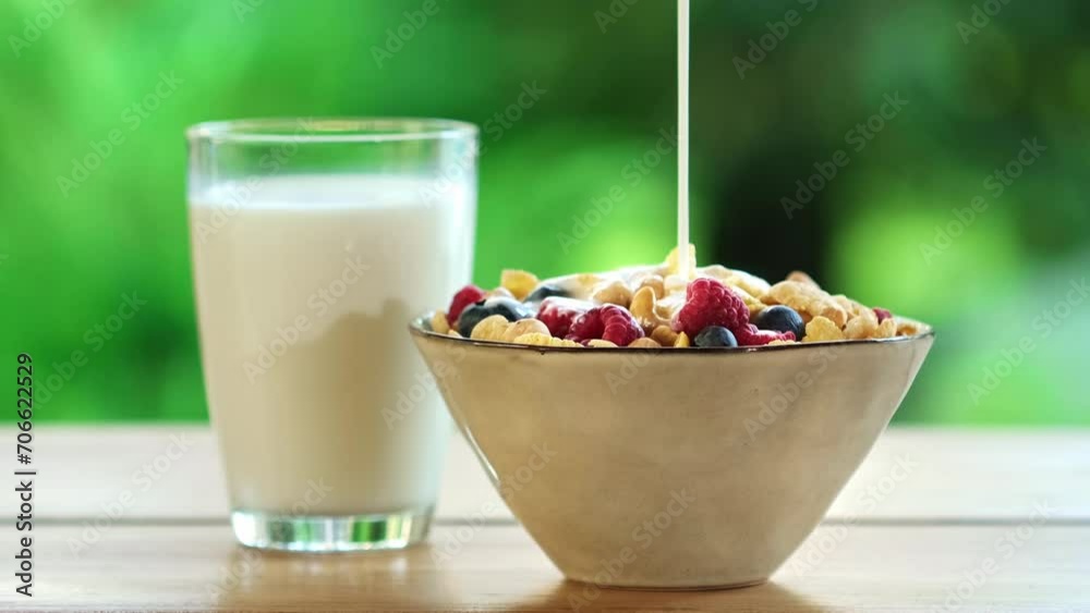 Milk or yogurt pouring into bowl with corn flakes. Morning breakfast is served with bowl oatmeal, muesli, granola, honey, glass of milk drink. Concept of Diet, Organic Nutrition, Healthy Food Milk or yogurt pouring into bowl with corn flakes. Morning breakfast is served with bowl oatmeal, muesli, granola, honey, glass of milk drink. Concept of Diet, Organic Nutrition, Healthy Food