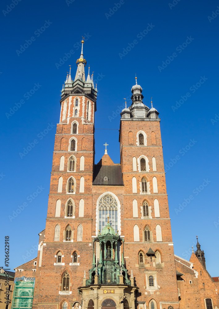 Front facade of the historic St. Mary Basilica in Krakow, Poland